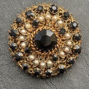 West Germany filigree brooch-Center Large black rhinestone-Smaller black stones